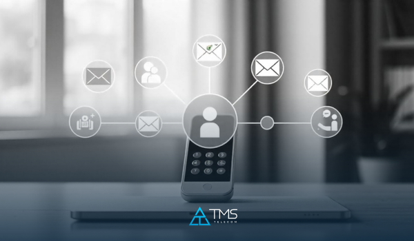 ilustração mostrando vários ícones de comunicação conectados: chat, telefone, e-mail, redes sociais, e videoconferência. Ícones são conectados visualmente a um ponto central, simbolizando um sistema omnichannel integrado da TMS Telecom. Fundo claro e minimalista, com uma paleta de cores moderna.